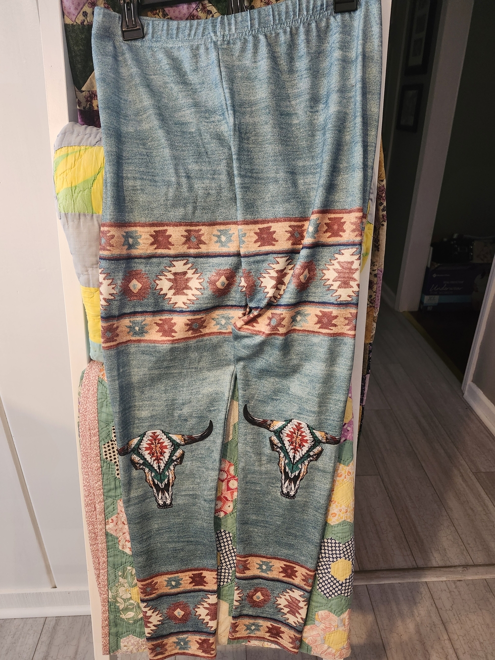 BoHo Southwestern Aztec Bull Skull Leggings - Teal